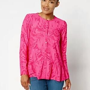 LOGO Women Hot Pink Crew Neck Jacquard Peplum Top 1X Casual Career Colorful Flaw